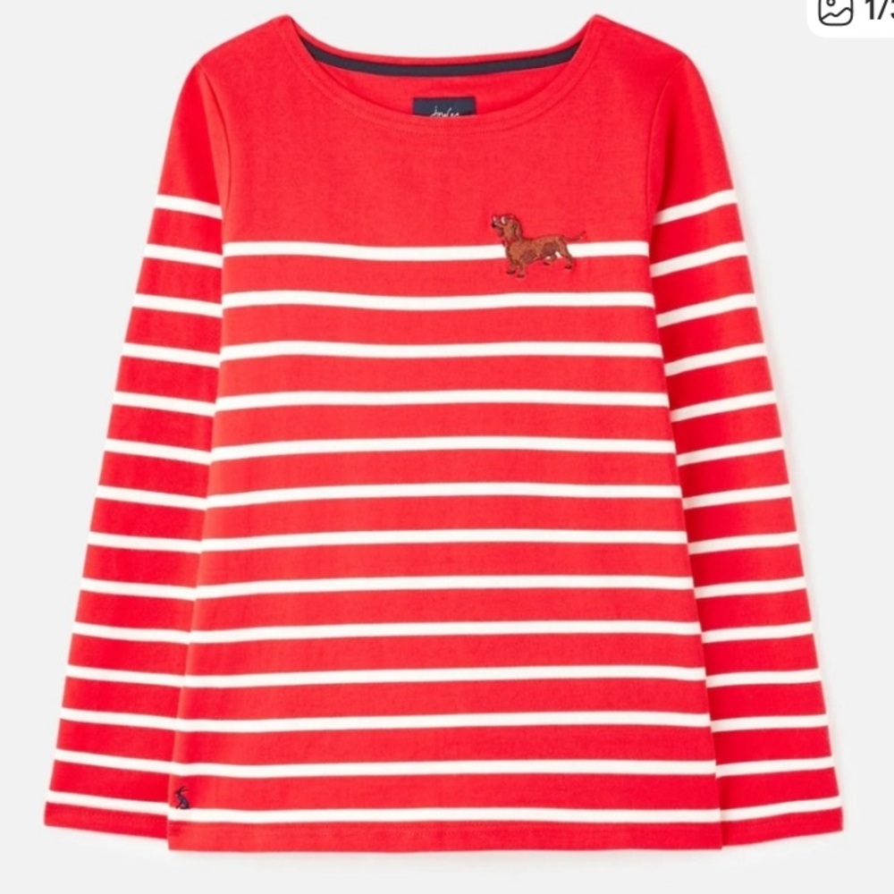 Joules Red and White Striped Jersey with Dachshund Embroidery